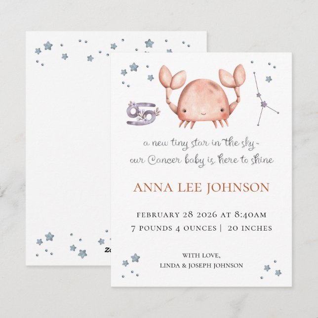 Cancer Zodiac Birth Announcement Julkort (Fram/baksida)