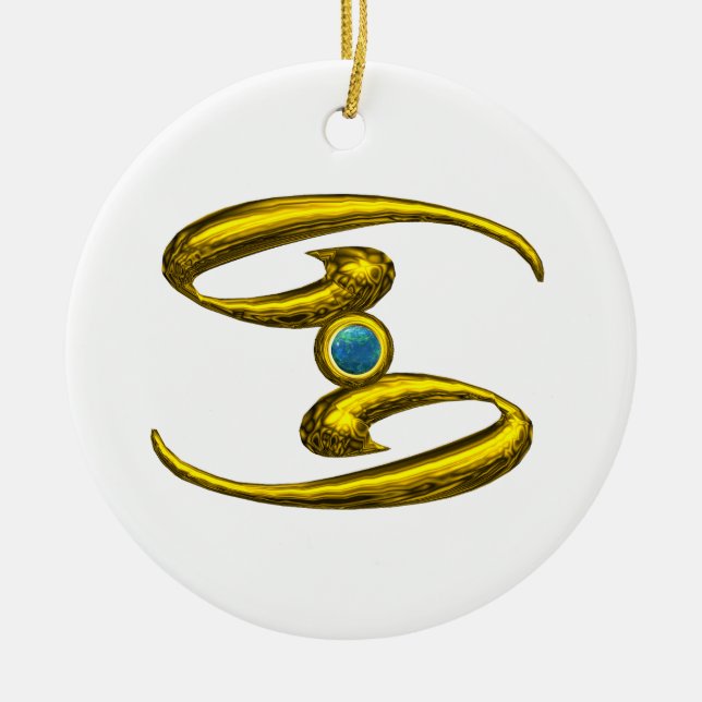 CANCER ZODIAC BIRTHDAY JEWEL Blue Opale Guld Julgransprydnad Keramik (Framsidan)