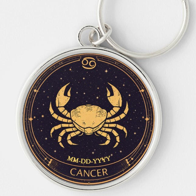 Cancer Zodiac Keychain with Birth Date Rund Silverfärgad Nyckelring (Framsidan)