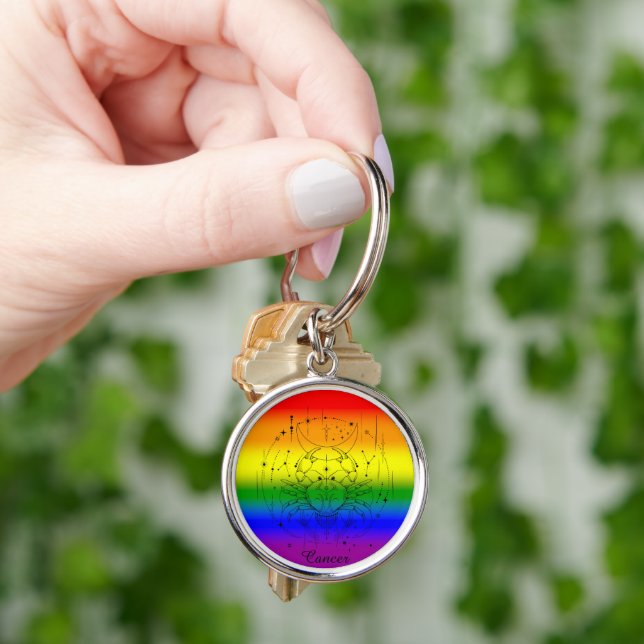 Cancer Zodiac LGBTQ-Pridet Regnbåge Astrologidesig Rund Silverfärgad Nyckelring (Hand)