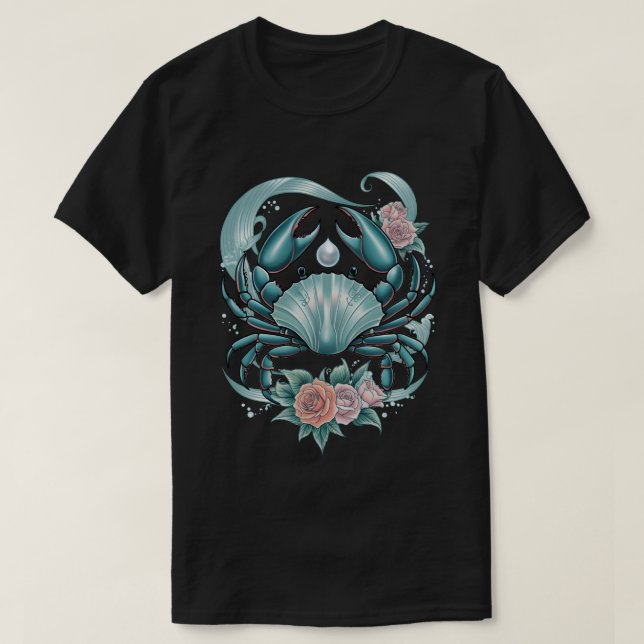Cancer Zodiac – Mystieke Kreeft met Parel & Rozen T Shirt (Design framsida)
