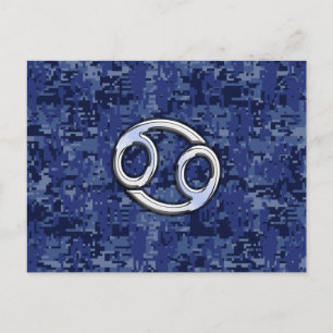 Cancer Zodiac Symbol Navy Blue Digital Camouflage Vykort
