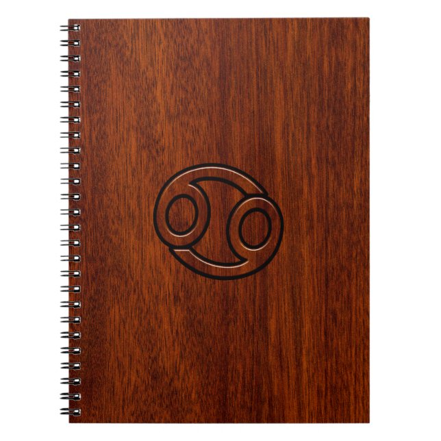 Cancer Zodiac Symbol på Mahogany Wood Stil Anteckningsbok Med Spiral (Framsidan)