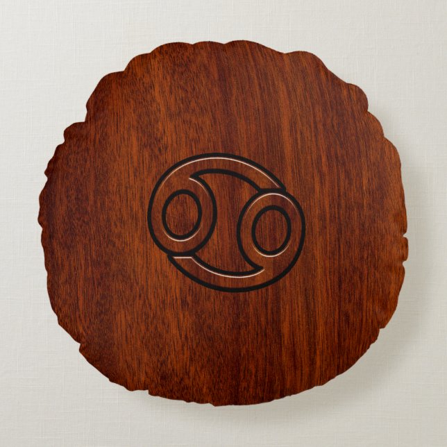 Cancer Zodiac Symbol på Mahogany Wood Stil Rund Kudde (Framsidan)