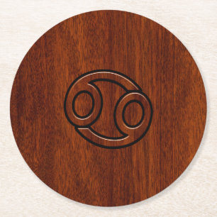 Cancer Zodiac Symbol på Mahogany Wood Stil Underlägg Papper Rund