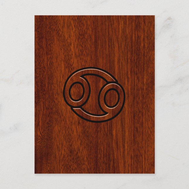 Cancer Zodiac Symbol på Mahogany Wood Stil Vykort (Framsida)