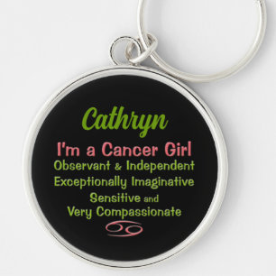 Cancer Zodiac-tecken för flickor i Rosa och Grönt Rund Silverfärgad Nyckelring