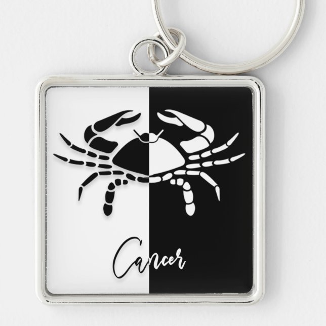 Cancer Zodiac-tecken, svart och vit nyckelkedja Fyrkantig Silverfärgad Nyckelring (Framsidan)