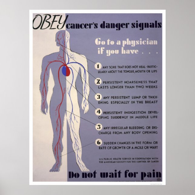 Cancerrisksignaler 1938 WPA Poster (Framsidan)