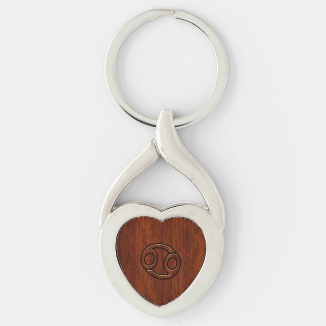 CancerZodiacsymbol på mahognystil Twisted Heart Silverfärgad Nyckelring (Framsidan)