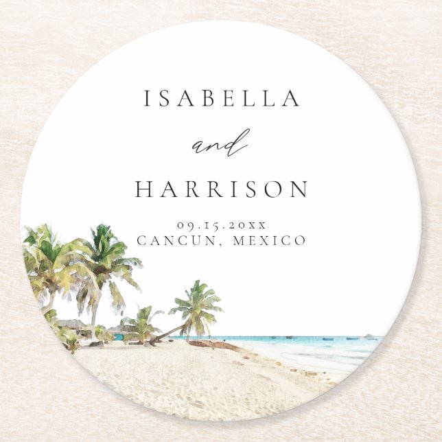 CANCUN Akvarell Strand Palmtree Destination Underlägg Papper Rund (Framsidan)