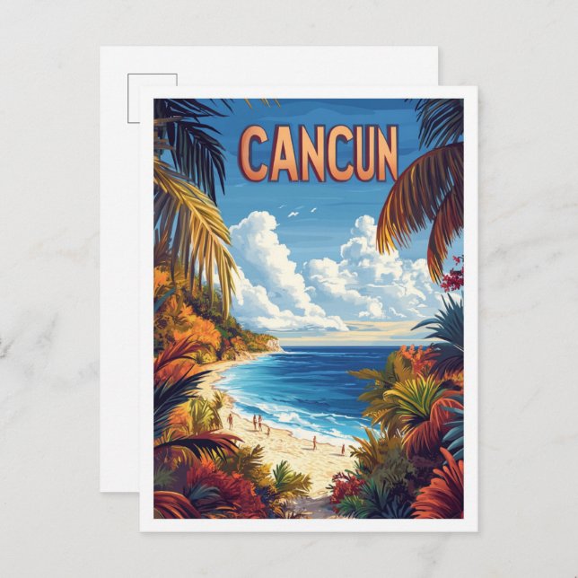 Cancun Beach Mexico Vintage Illustration Travel Vykort (Fram/baksida)