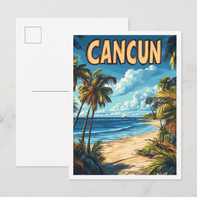 Cancun Mexico Art Vintage Illustration Travel Vykort (Fram/baksida)