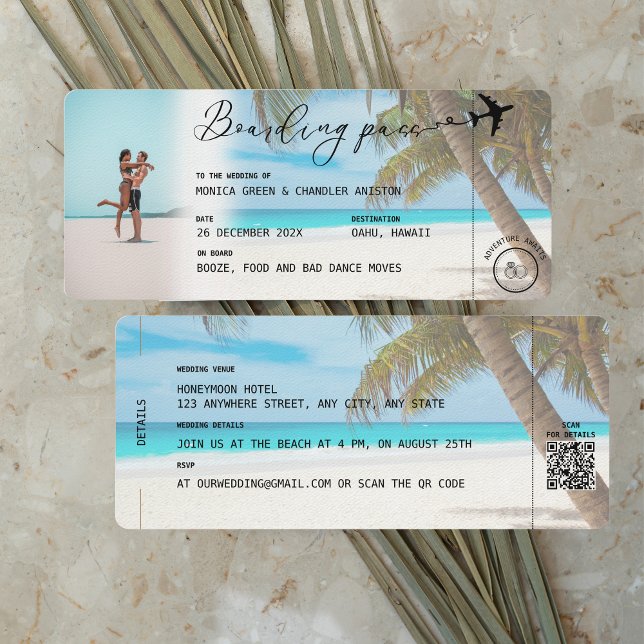 CANCUN Mexico Beach Boarding Pass QR Photo Bröllop Inbjudningar (Skapare uppladdad)