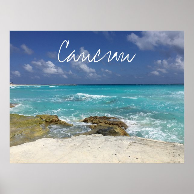 Cancun Mexico Beach Rocky Ocean Vågar vykort Poster (Framsidan)