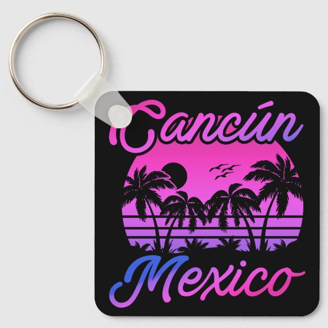 Cancun Mexico Handflatan Träd Retro Travel Souveni Nyckelring (Framsida)