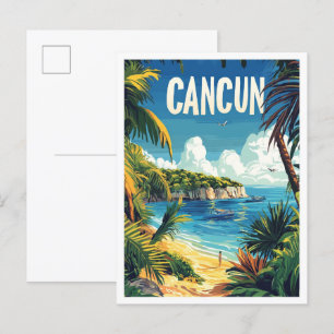 Cancun Mexico Vintage Illustration Travel Vykort