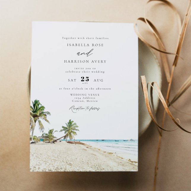 CANCUN Mexico Watercolor Beach Wedding Inbjudningar (Skapare uppladdad)