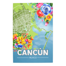 Cancun Mexiko Karta med vattenfärgsblommor