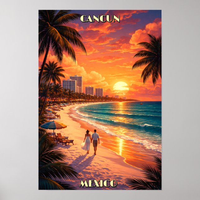 Cancun, Mexiko Retro Art Deco Färg Turism Poster (Framsidan)