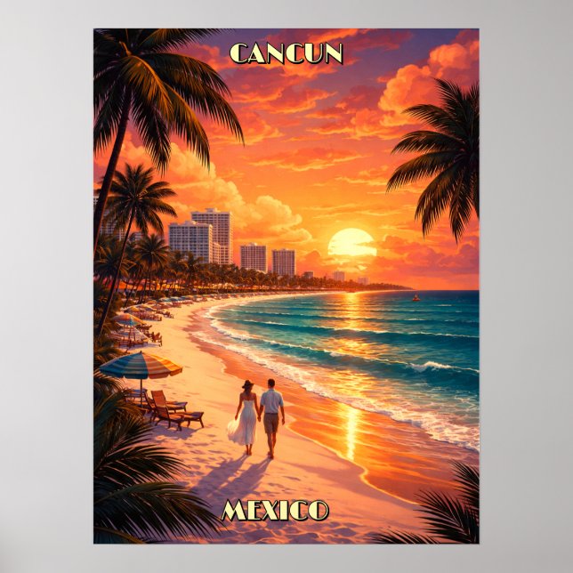 Cancun, Mexiko Retro Art Deco Färg Turism Poster (Framsidan)