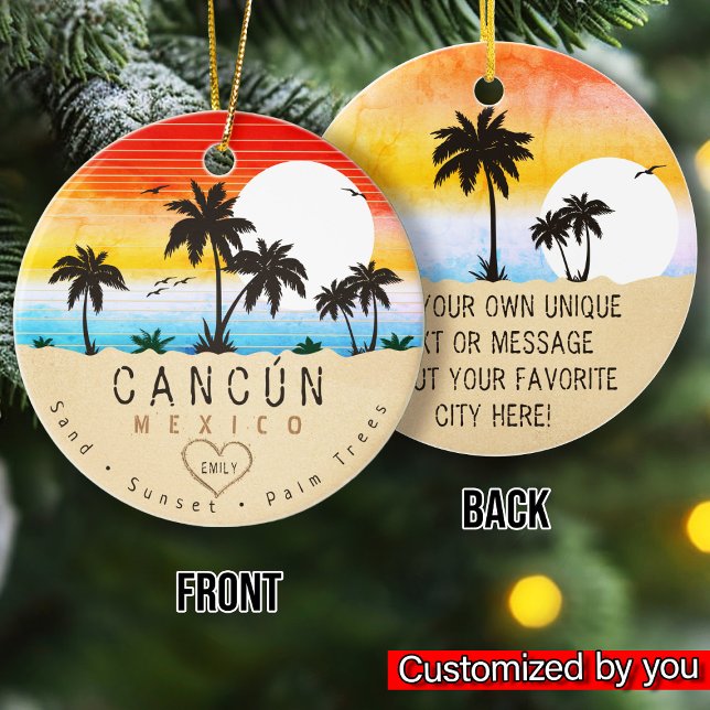 Cancún Mexiko Retro Sunset Handflatan träd Souveni Julgransprydnad Keramik (Skapare uppladdad)