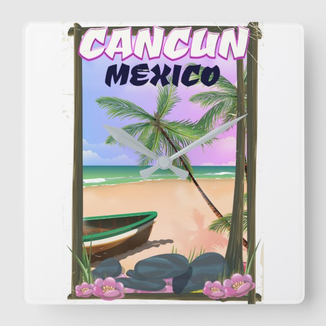 Cancun Mexiko strand affisch. Fyrkantig Klocka (Framsida)