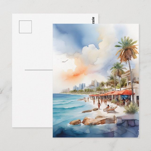 Cancun vattenfärgsgrafik vykort (Fram/baksida)