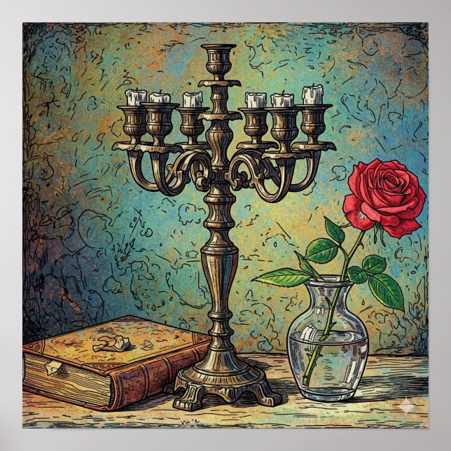 Candelabra och Ro still Life Poster (Framsidan)