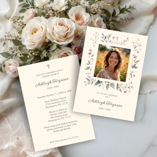 Candid Delicate Pastel Floral Frame Photo Funeral  Inbjudningar (Candid Delicate Floral Frame Photo Funeral Invitations Cards in Soft Pastel Colors.)