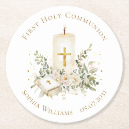Candle Cross Bible Roses First Holy Communion Underlägg Papper Rund