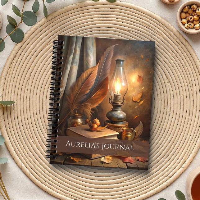 Candlelit Spellbook - Mysigt Witch Journal Anteckningsbok (Candlelit Spellbook Notebook – Cozy Witch Journal on a boho table with herbs and a cup of tea.)