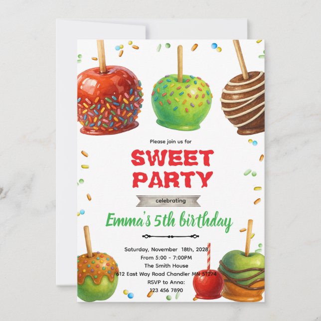 Candy Apple birthday party Invitation Inbjudningar (Framsida)