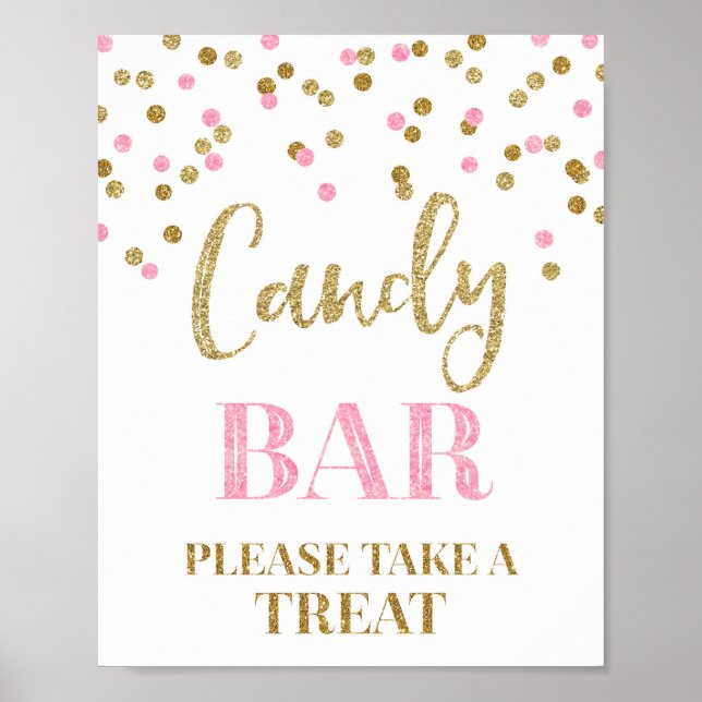 Candy Bar Bröllopsskylt Guld Rosa Konfetti Poster (Framsidan)