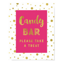 Candy Bar Bröllopsskylt Hot Pink Guld Ränder