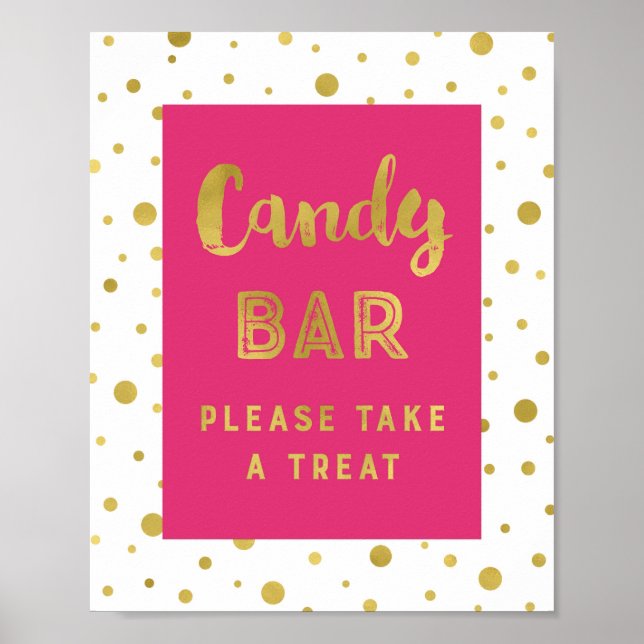 Candy Bar Bröllopsskylt Hot Pink Guld Ränder Poster (Framsidan)
