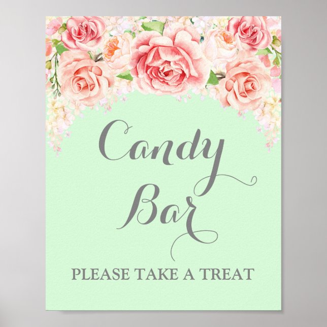 Candy Bar Bröllopsskylt Rosa Vattenfärg Blommig Mi Poster (Framsidan)