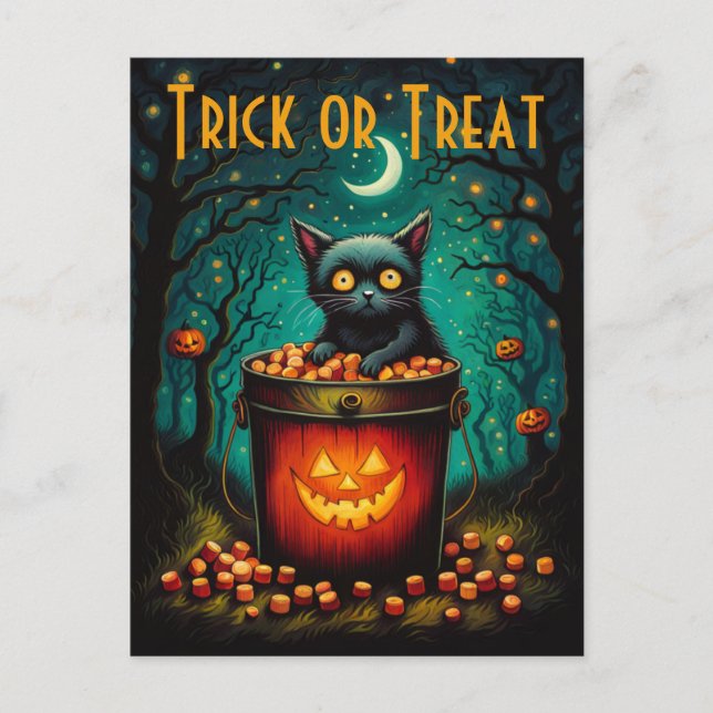 Candy Bucket och Black Cat Halloween Vykort (Framsida)