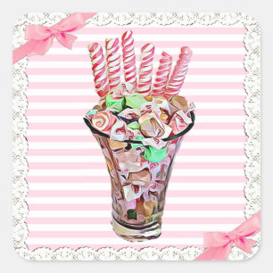 Candy Buffet Rosa Bow Whimsical Stickers Fyrkantigt Klistermärke