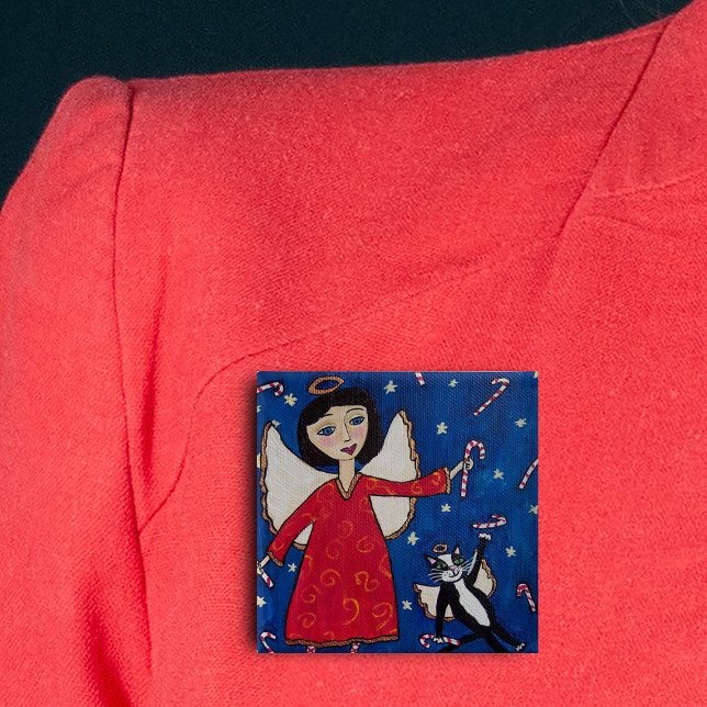 Candy cane Angel Cat Folk Art jul Knapp (Angel in red dress floating in sky with angel cat and candy canes on Christmas pin back button.)