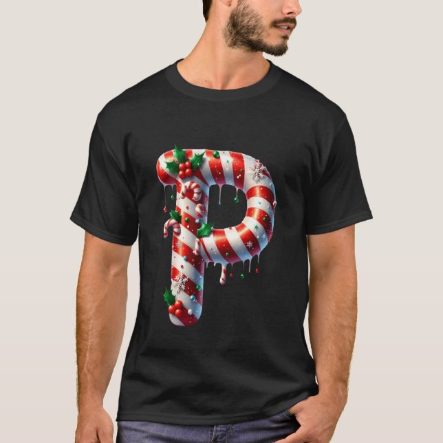 Candy Cane Christmas Letter P T Shirt (Framsida)