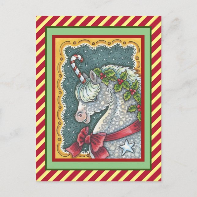 CANDY CANE CHRISTMAS UNICORN, HELGDAG PONY FANTASY VYKORT (Framsida)