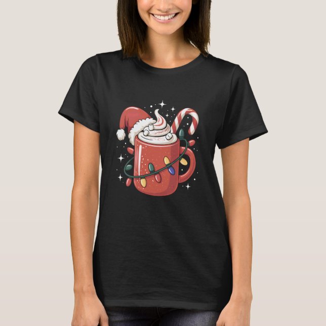 Candy Cane Cocoa Mug Christmas Lights Santa Hat Ki T Shirt (Framsida)