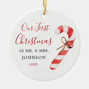Candy cane Första jul som Newlyweds och Newlyweds Julgransprydnad Keramik