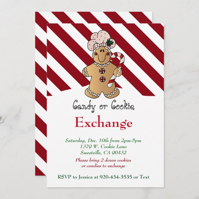 Candy cane Gingertea Cookie & Candy Exchange Inbjudningar (Fram/baksida)
