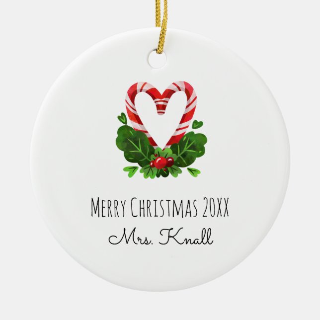 Candy cane Heart God jul Year TEACHER Namn Julgransprydnad Keramik (Framsidan)