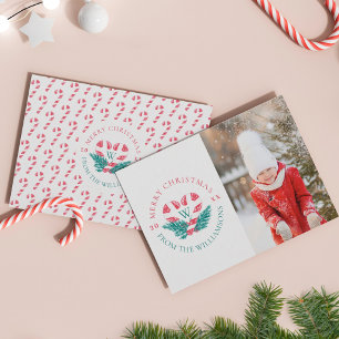 Candy cane Heart Grönt Gräs julfotfoto Vapensköld Julkort