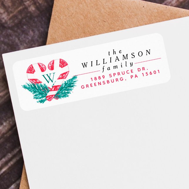 Candy cane Heart Grönt Gräs Vapensköld jul Returadress Etikett (Candy Cane Heart Green Pine Christmas Crest Label)