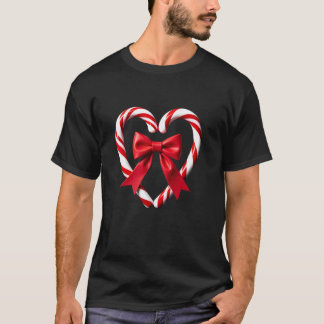 Candy Cane Heart with Pom Poms and Red Bow Fun Des T Shirt