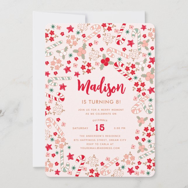 Candy cane-Helgdagarnas Födelsedagsfest Inbjudningar (Framsida)